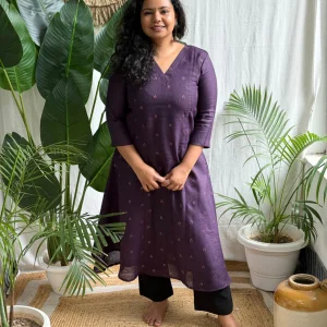 Purple Embroidered A-line Linen Kurta