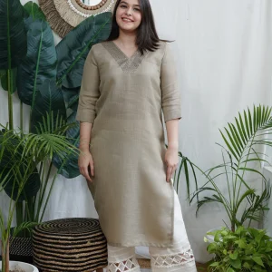 Soft Brown Embroidered V‑Neck Kurta