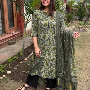 Green Floral Kurti With Dupatta