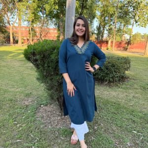 Peacock Blue V-Neck Embroidered Kurta